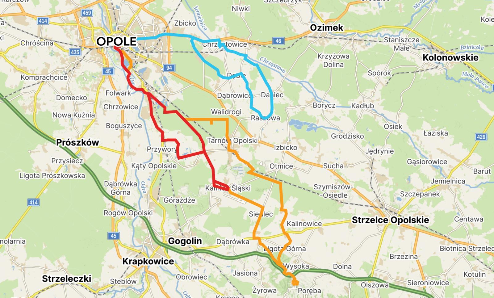 mapa przedstawiająca Opole i opolice z zaznaczonymi trzema kolorowami trasami rowerowymi