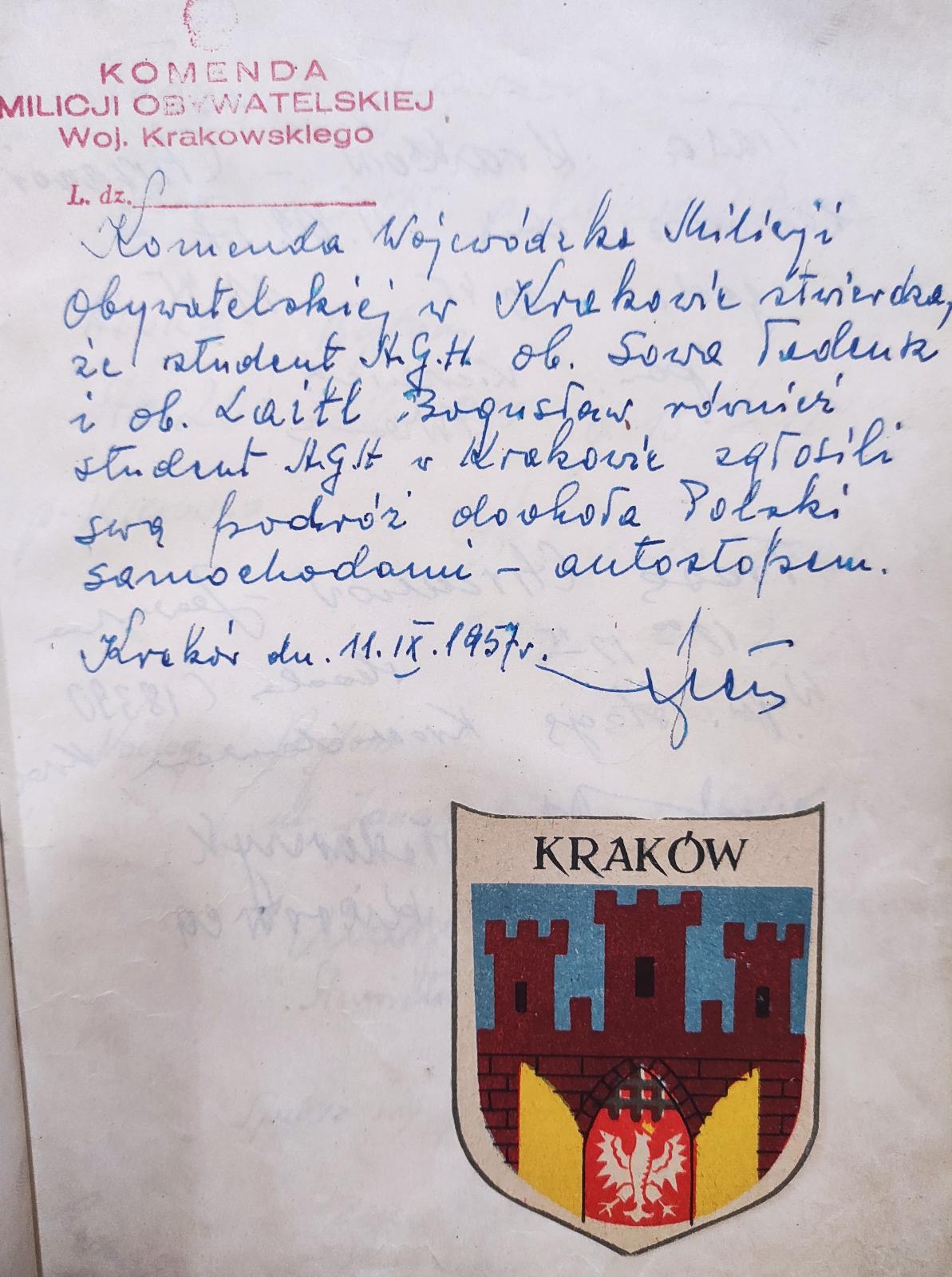 notatka milicji obywatelskiej ze zgodą na podóż autostopem