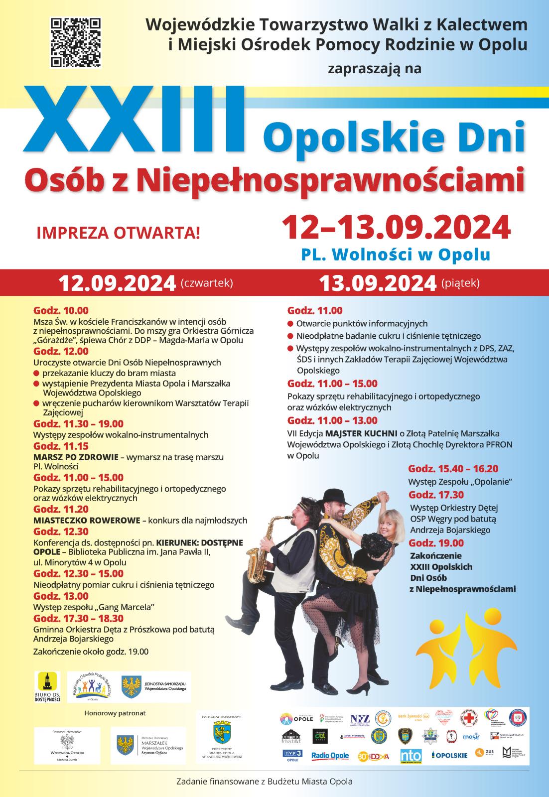 Plakat promujący XXIII Opolksie Dni Osób Niepełnosprawnych. Wydarzenie odbędzie się w dniach 12 i 13 września 2024 roku na Placu Wolności.