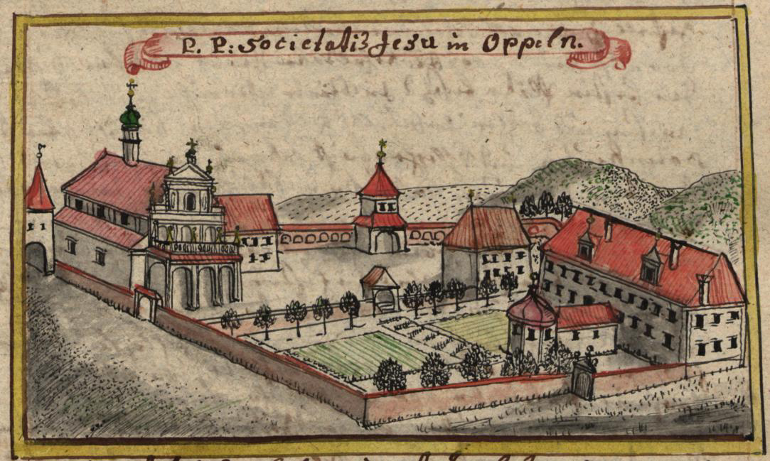 widok perspektywiczny od zachodu zabudowy Konwentu Jezuitów w miejscu Zamku Górnego około 1764 r. wg F.B. Wernera