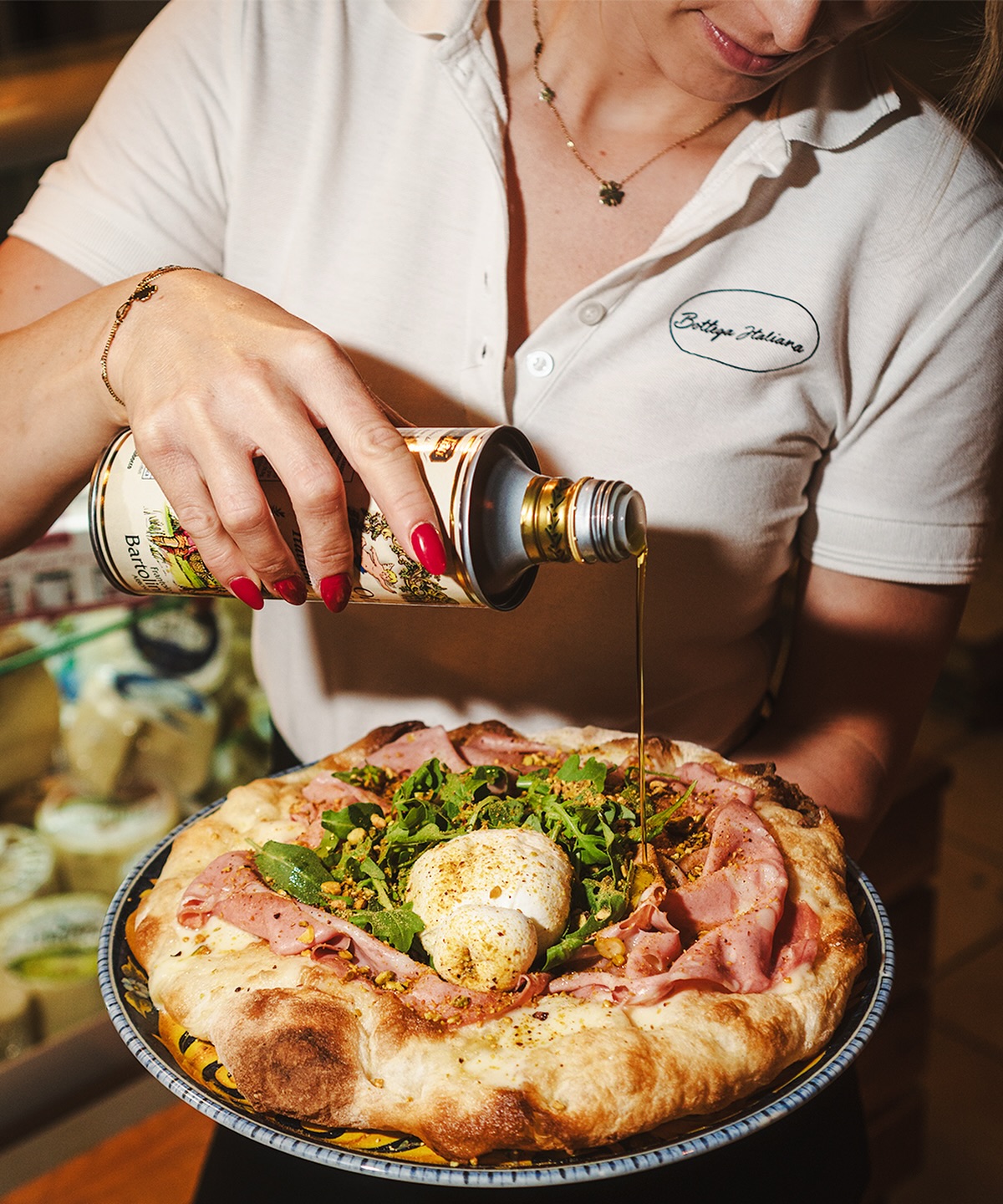 pizza, oliwa, kobieta, szynka