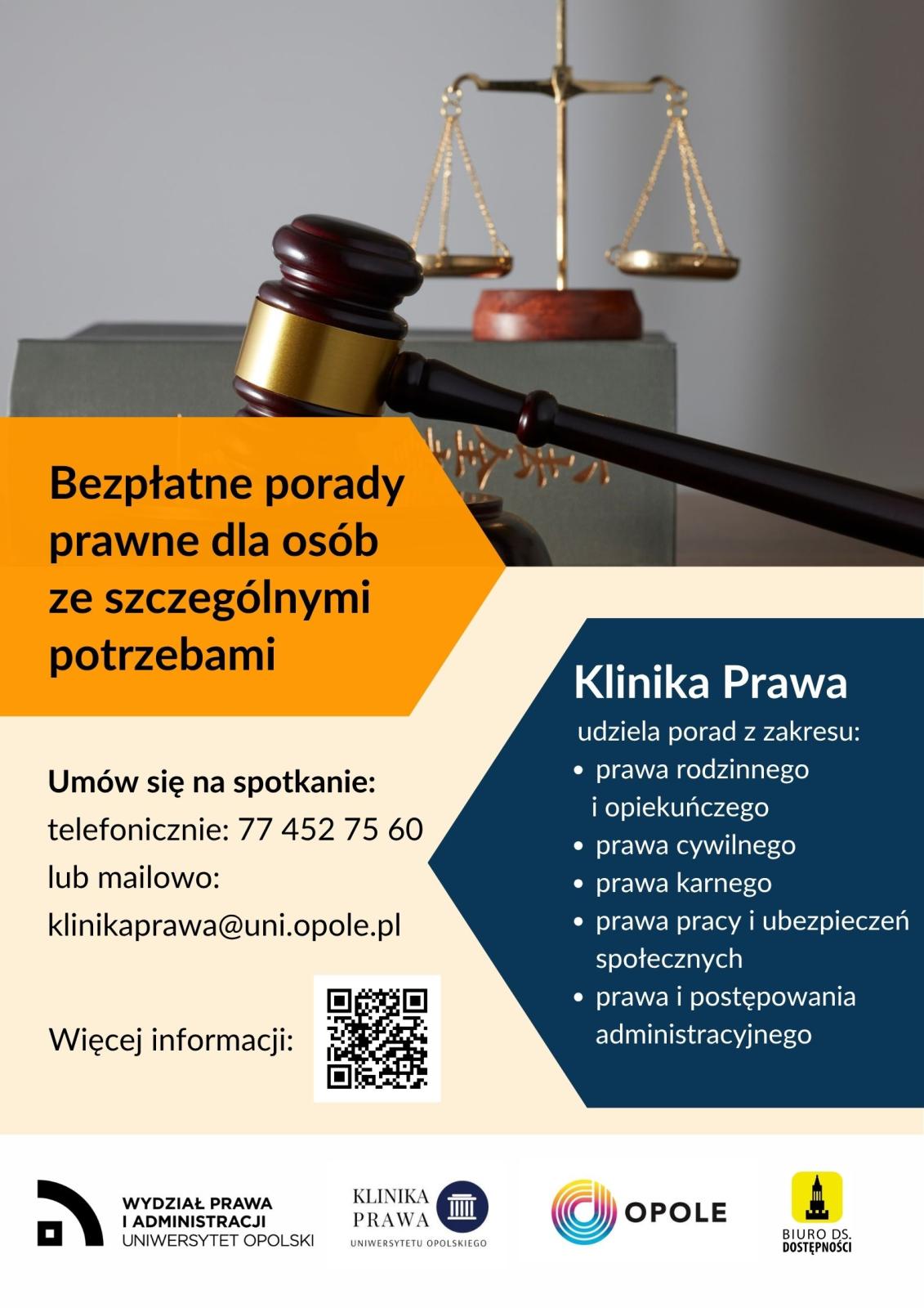Plakat promujący bezpłatne porady prawne w Klinice Prawa dla osób ze szczególnymi potrzebami