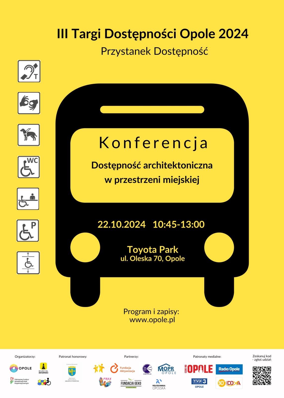 Plakat wydarzenia, na żółtym tle czarny autobus