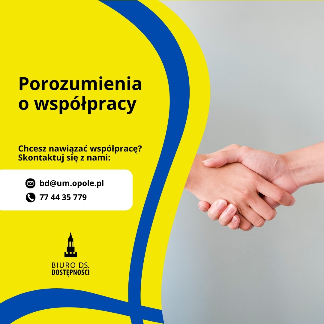 Porozumienia o współpracy, grafika zachęcająca z danymi kontaktowymi, po prawej stronie zdjęcie uściśniętych dłoni