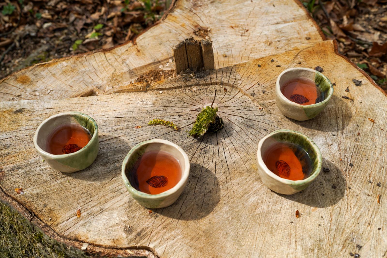 herbatka w ceramicznych kubeczach na leśnym pniu