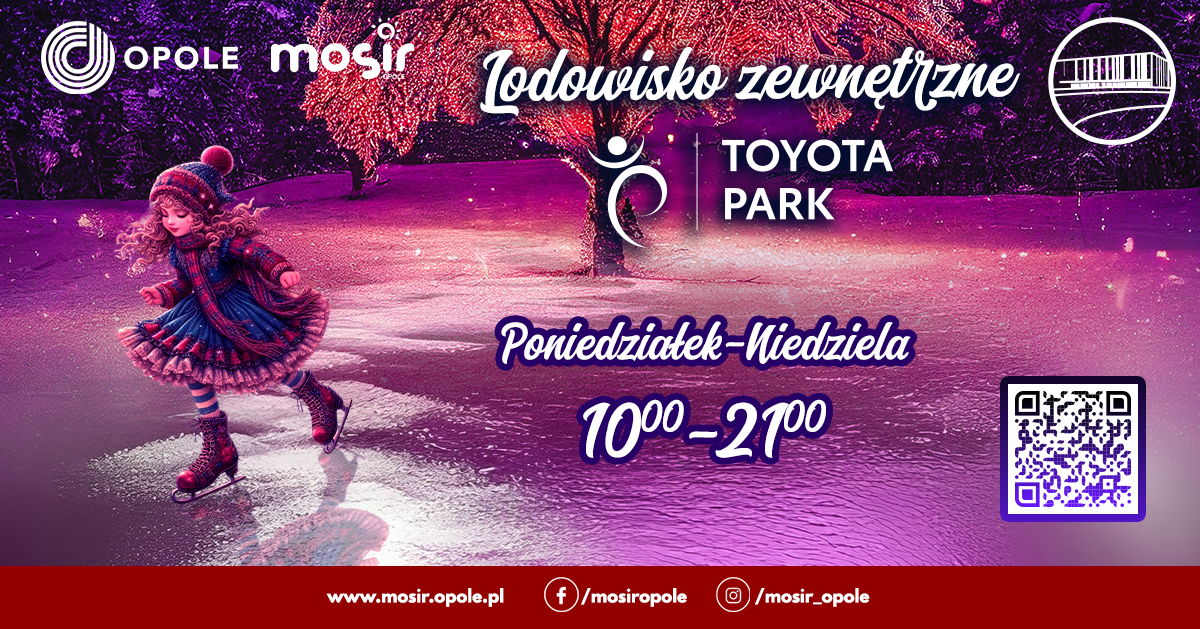 baner z informacją, że lodowisko jest czynne w godzinach 10:00-21:00