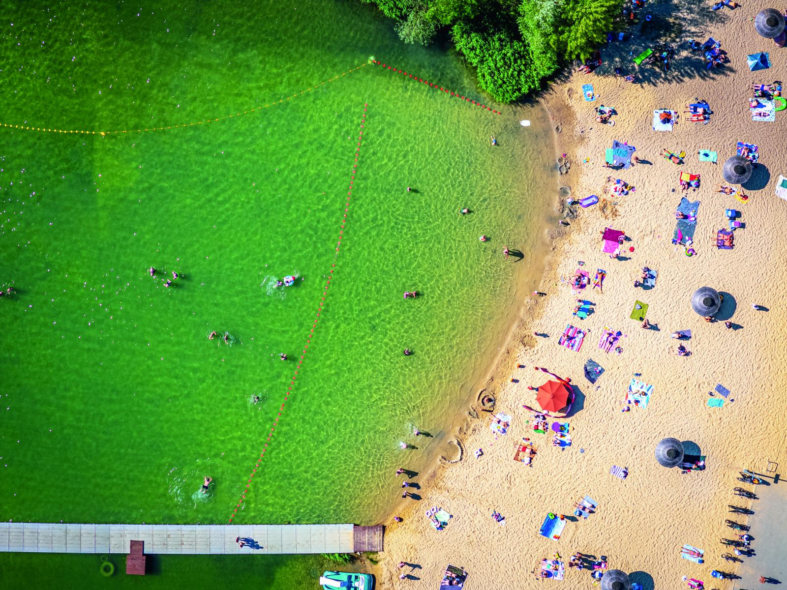 plaża, parasole, woda, akwen wodny