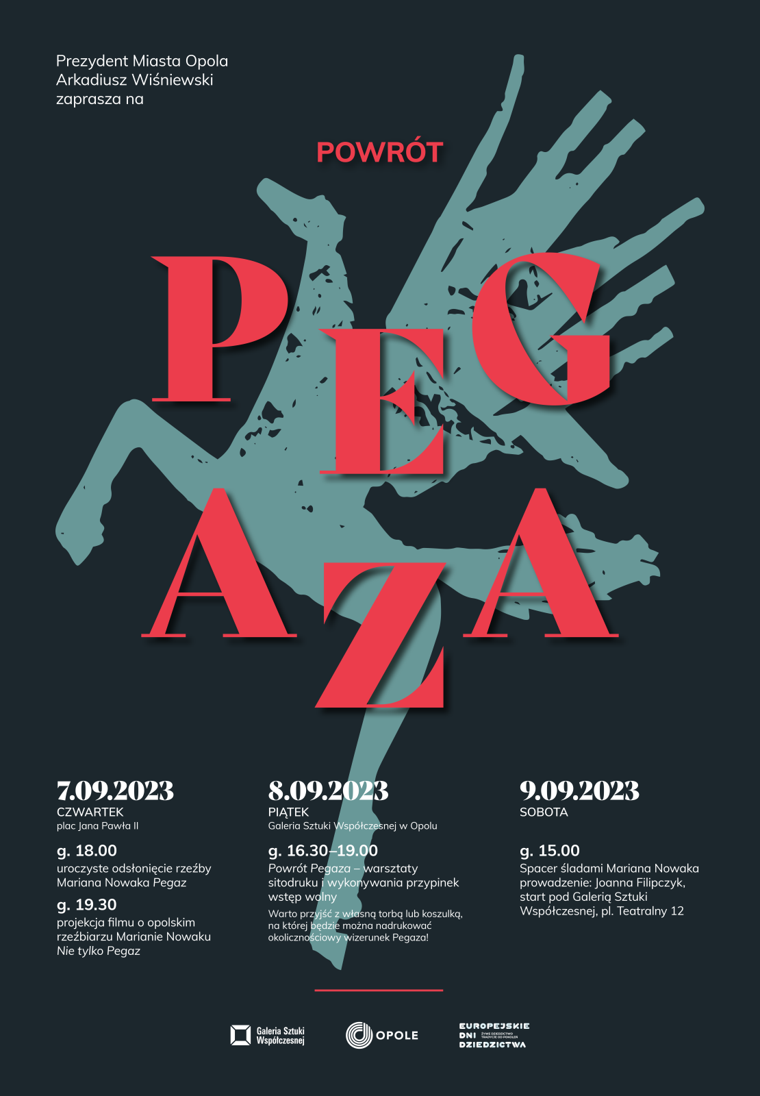 Plakat. Napis czerwony pegaz. Tło czarne ze znakiem pegaza. Informuje o wydarzeniach.