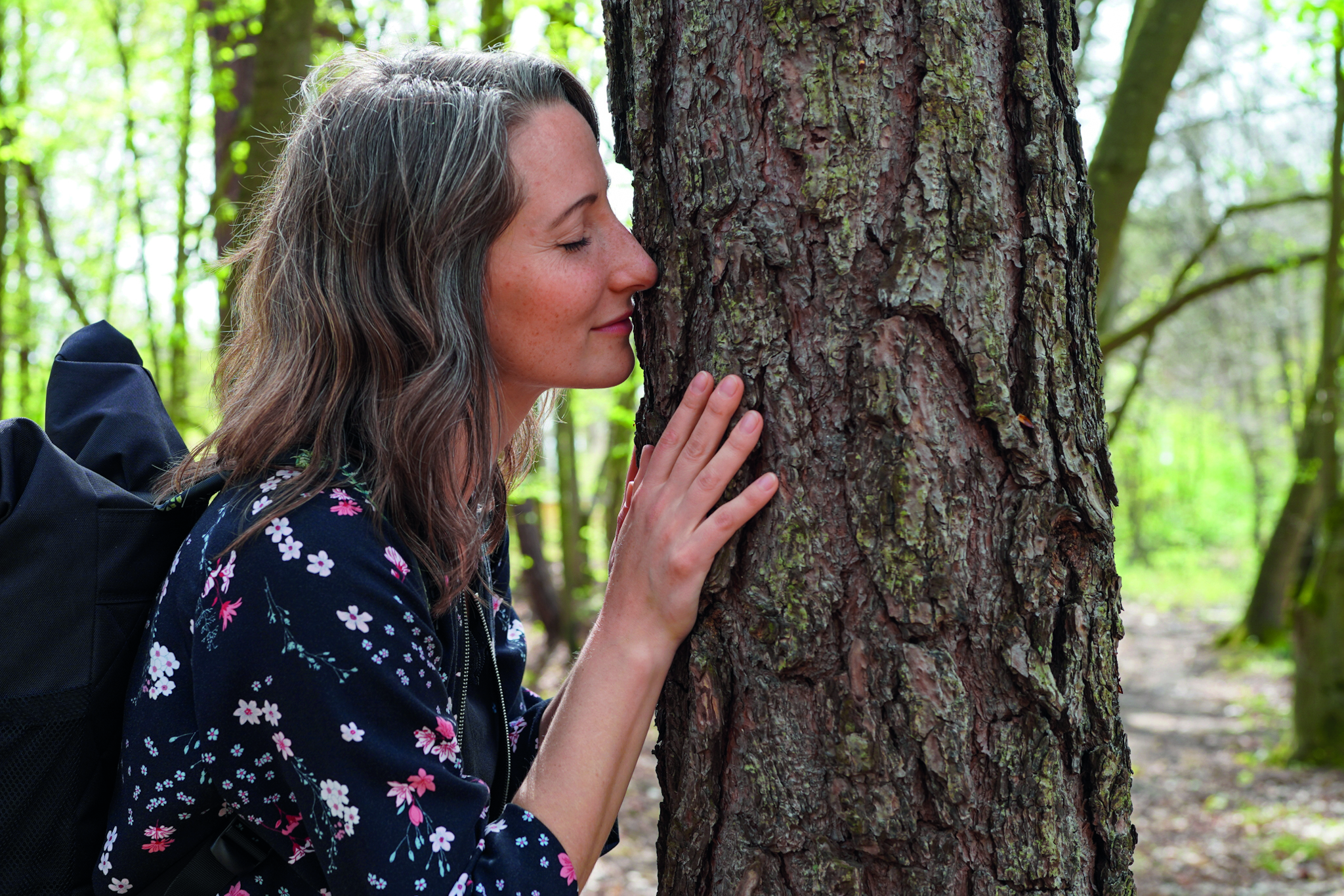kobieta przybliżająca się do drzewa