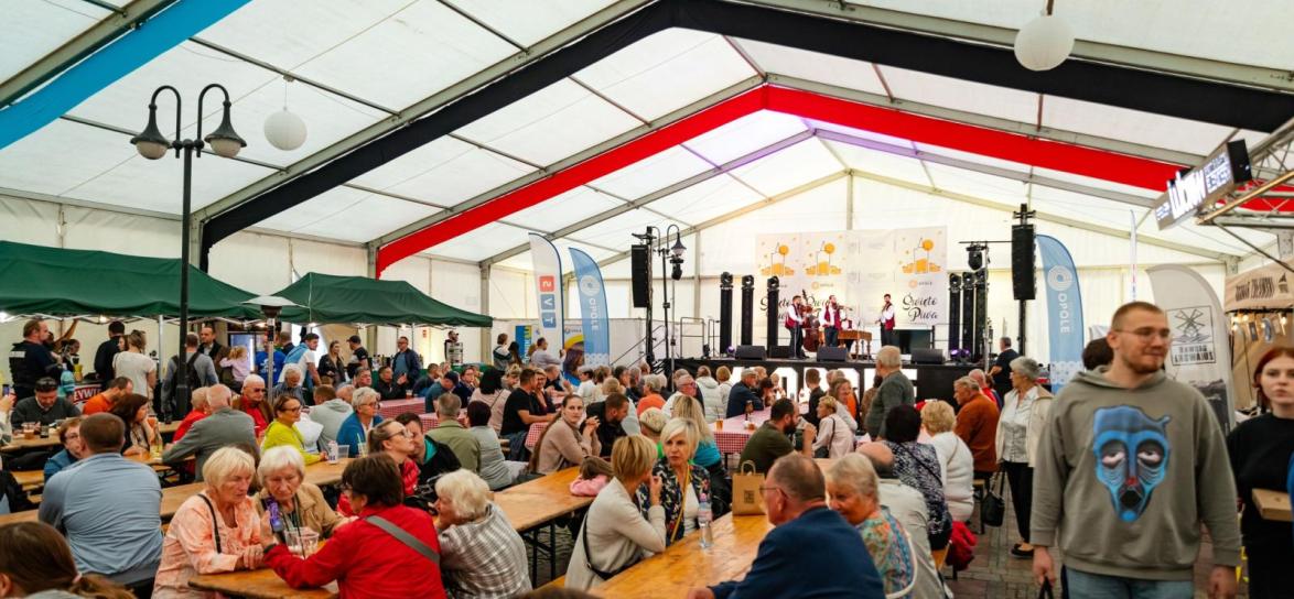 ludzie siedzący w namiocie eventowym podczas wydarzdenia święto piwa