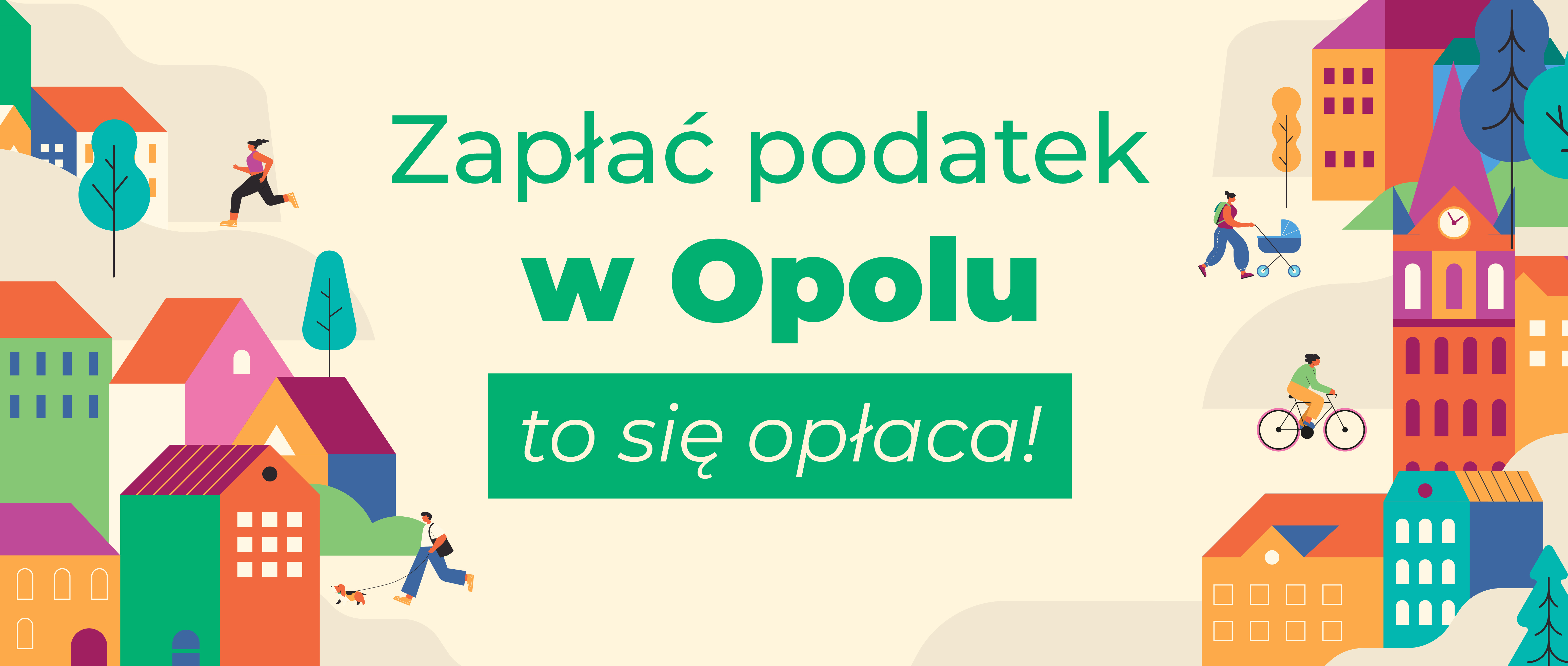 grafika, kolorowe domki, ludzie spacerujący