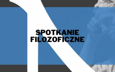 baner wydarzenia pt. spotkanie filozoficzne, na niebieskim tle czarne litery, informacje zostały zawarte w komunikacie