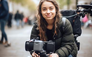Dziewczynka siedzi w wózki dla osób niepełnosprawnych. W tle alejka miasta.