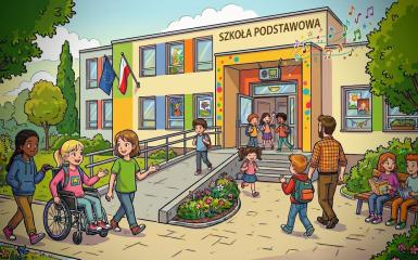 Ilustracja przedstawia wejście do szkoły podstawowej. Przed budynkiem stoją i poruszają się uczniowie z plecakami, w tym osoba poruszająca się na wózku. Widać podjazd, ławki, zieleń oraz flagi Polski, Unii Europejskiej. Nad wejściem znajduje się napis ‘Szkoła Podstawowa’.”