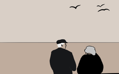 obrazek przedstawia dwie osoby, mężczyznę i kobietę, patrzących w kierunku odlatujących plaków