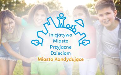 Baner przedstawiający grupę dzici oraz logo akcji Miasto Przyjazne Dzieciom
