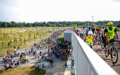 Rowerzyści na moście im. Halupczoka w Opolu