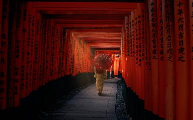 kobieta w japońskim kimono z parasolką, idąca tyłem, fot. pixabay.pl