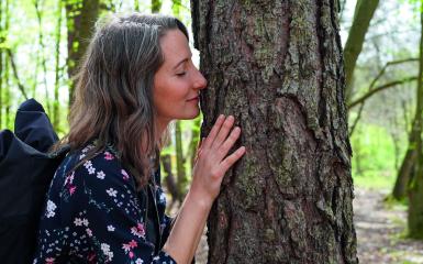kobieta przybliżająca się do drzewa