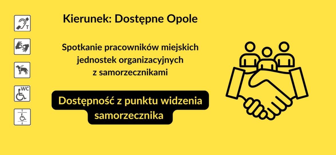 Baner promujący wydarzenie Kierunek Dostępne Opole Spotkanie z samorzecznikami. Tytuł i grafika przedstawiająca uścisk dłoni oraz trzy postaci