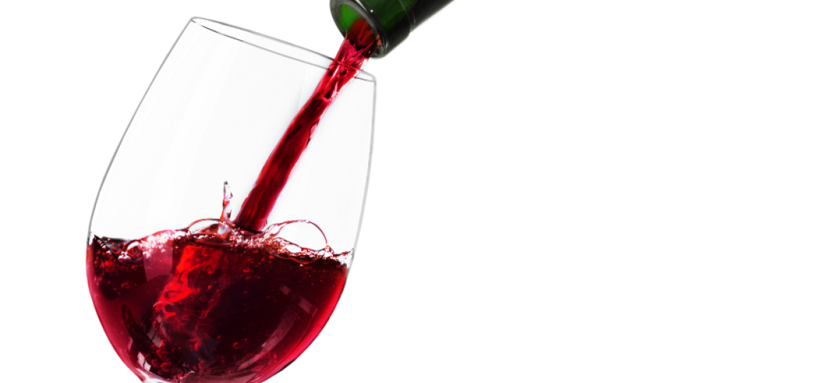 Szklana zielona butelak z winem , wlewane czerwone wino do kieliszka