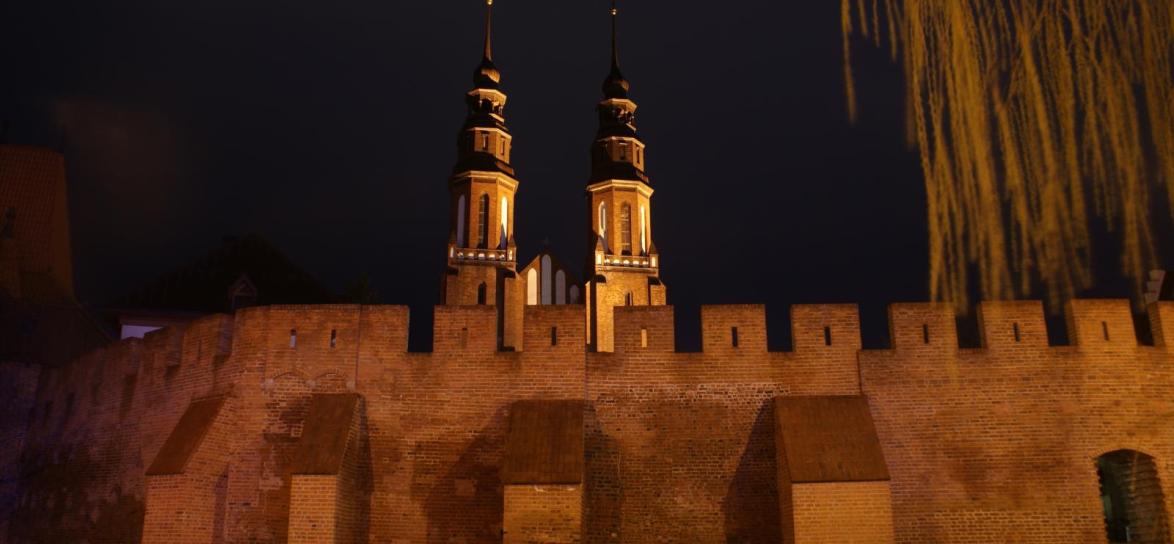 dwie wieże kościelne na tle brązowego muru nocą