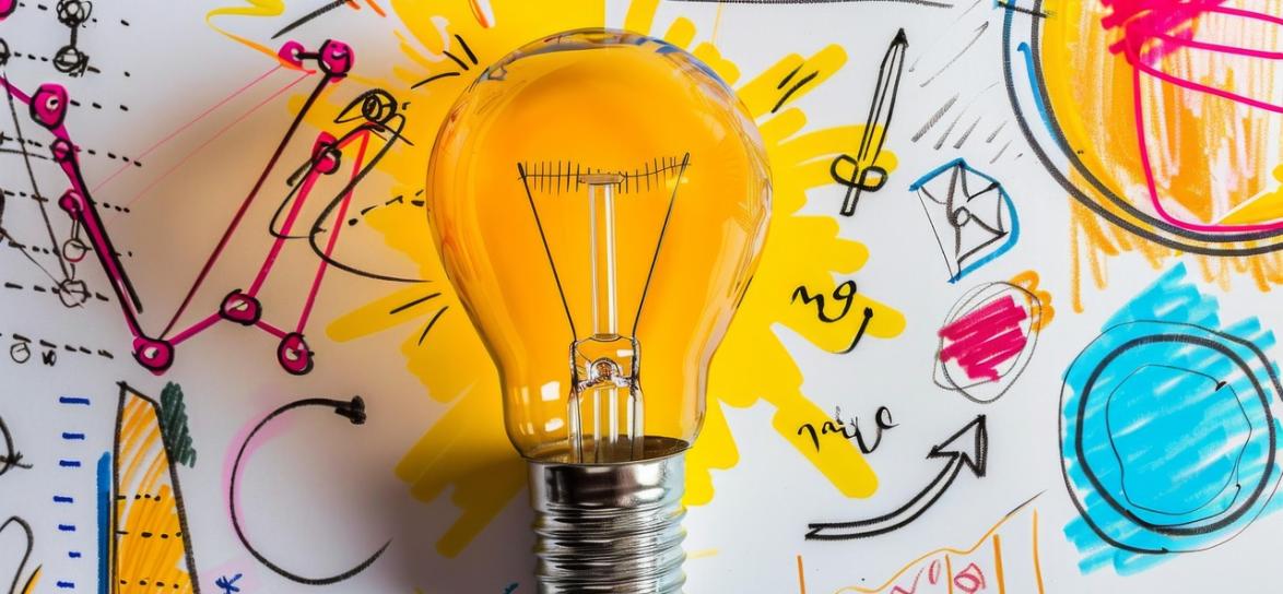 zdjęcie przedstawia swiecącą żarówkę na kolorowym tle