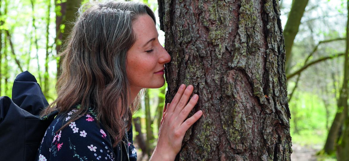 kobieta przybliżająca się do drzewa