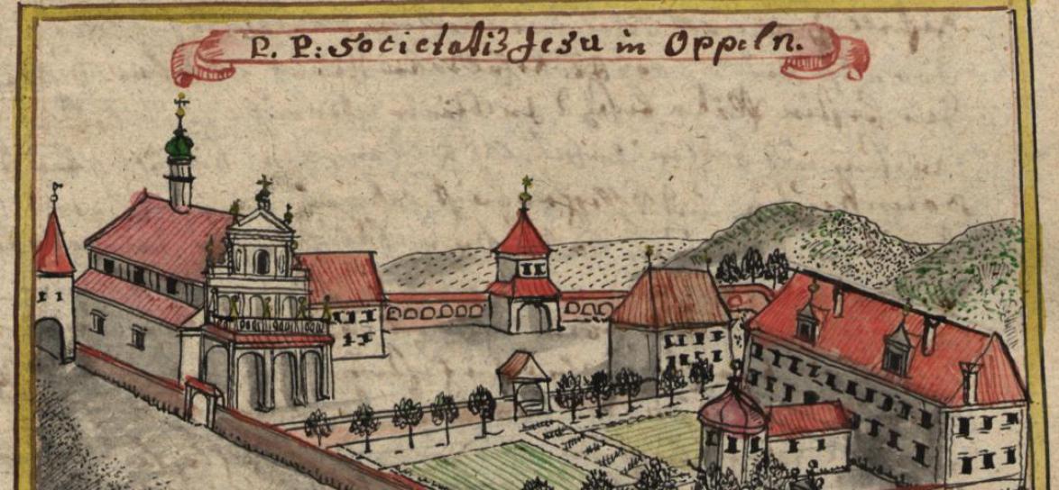Rycina z XVIII wieku przedstawiająca Konwent Jezuitów w miejscu Zamku Górnego