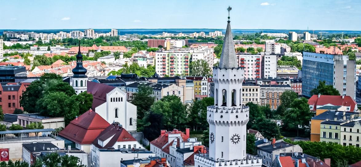 zdjęcie wieży ratuszowej na tle miasta 