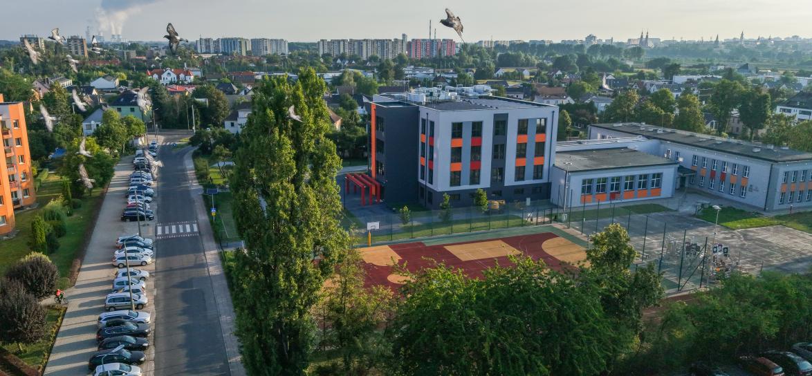 ulica, samochody, zieleń, nowoczersny budynek szkoły