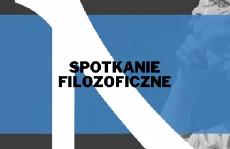 baner wydarzenia pt. spotkanie filozoficzne, na niebieskim tle czarne litery, informacje zostały zawarte w komunikacie