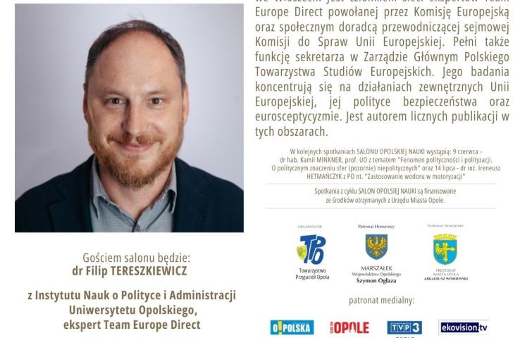 Ulotka informacyjna na temat spotkania w ramach Salonu Opolskiej Nauki z Filipem Tereszkiewiczem, tekst został zawarty w komunikacie