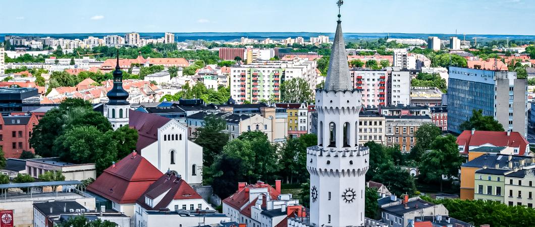 zdjęcie wieży ratuszowej na tle miasta 
