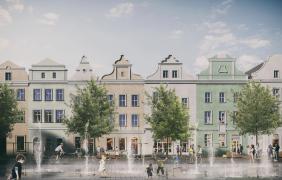 fontanna, jako element wodny w formie dysz, tworząca przestrzeń interakcji społecznych oraz umożliwiająca róznorodne wykorzystanie przestrzeni